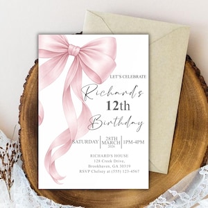 Pink Bow Birthday Invitation, Coquette Birthday Party Invite, Elegant Birthday Template, Girl’s Birthday Evite, Canva Editable Template