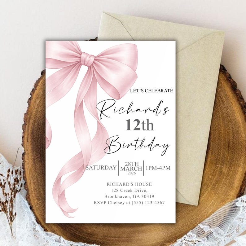 Pink Bow Birthday Invitation, Coquette Birthday Party Invite, Elegant Birthday Template, Girl’s Birthday Evite, Canva Editable Template