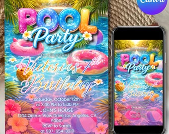 Invito per festa di compleanno in piscina per ragazze, festa di compleanno in piscina, invito per festa in piscina, compleanno per ragazze adolescenti, festa estiva in piscina, modello modificabile Canva