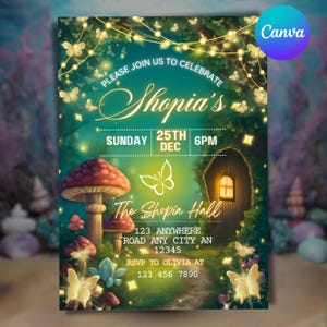 Könnte beinhalten: Eine Einladung im Fantasy-Stil. Das Design zeigt eine Waldszene mit Pilzen, Schmetterlingen und einem leuchtenden Feenhaus. Der Text enthält "Shopia's", Datum, Uhrzeit und Ortsangaben.