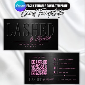 Könnte beinhalten: Eine schwarze Visitenkartenvorlage mit dem Text "LASHED by Elizabeth" in einer stilvollen Schriftart. Die Karte enthält einen QR-Code, Kontaktinformationen und den Satz "Licensed Lash Tech."