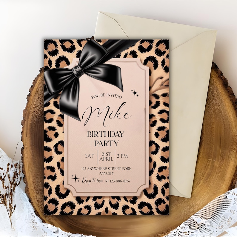 Cheetah Print Birthday Invitation, Coquette Bow Birthday, Birthday Invitations, Digital Download, Printable Invite, Canva Editable Template