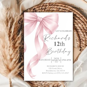 Pink Bow Birthday Invitation, Coquette Birthday Party Invite, Elegant Birthday Template, Girl’s Birthday Evite, Canva Editable Template