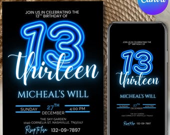 Invito di compleanno al neon, invito di compleanno blu, invito di compleanno per 13 anni, invito di compleanno per adolescenti, invito di compleanno per ragazzi di 13 anni