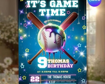 Baseball Ice Cream Drip Birthday Invitation Template, Baseball Ice Cream Neon Party, Baseball Drip Invite, Canva Editable Template