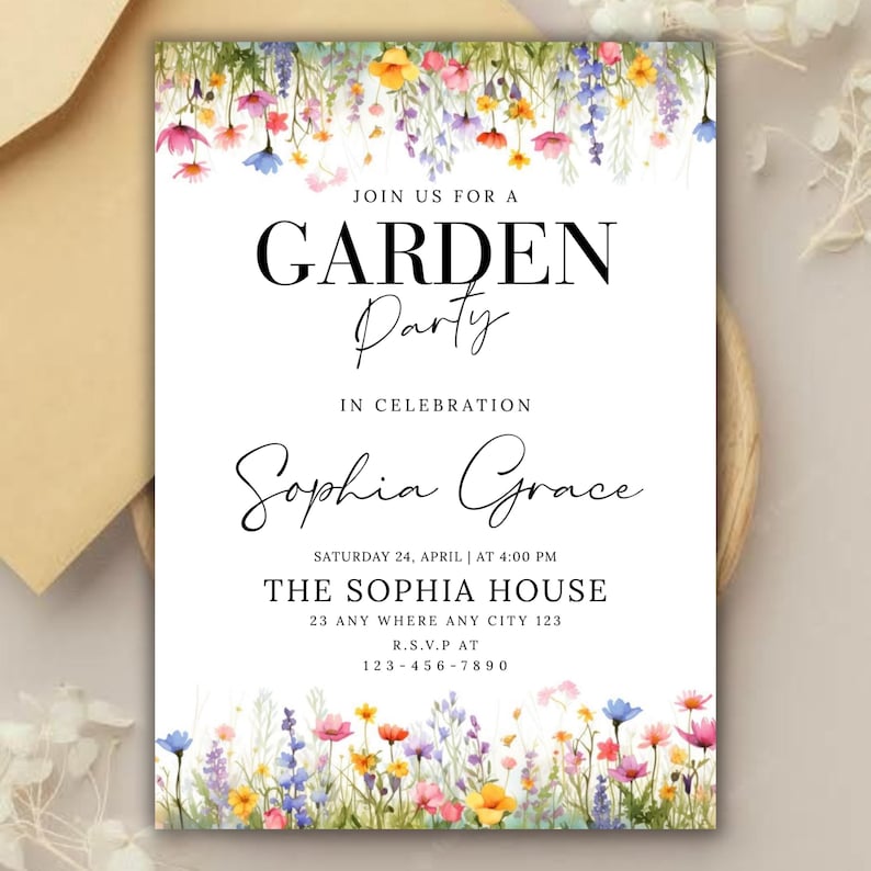Wildflower Garden Birthday Invitation , Editable Floral Canva Template, Digital Download canva editable