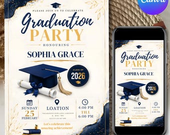 Invito per festa di laurea, annuncio di invito di laurea blu, invito classe 2026, download digitale, biglietto stampabile, modificabile su Canva