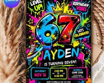 Six Seven Birthday Invitation, 6 7 Birthday Invitation Boys 7th Birthday Invitation, I was 6 now I'm 7 Party Invite, Editable Canva Template
