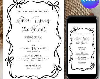 Modello di invito minimalista per addio al nubilato, invito per "She's Tying the Knot", invito modificabile su Canva, invito moderno per addio al nubilato per la futura sposa