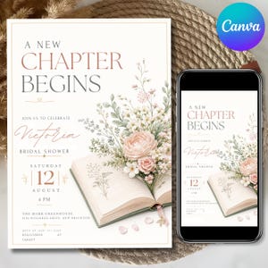 May include: A bridal shower invitation with the text "A New Chapter Begins" and "Victoria". The design features a floral arrangement with a book and a smartphone displaying the same invitation. The date is August 12th at 4 PM.