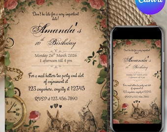 Alice in Wonderland Invitation, Birthday Invite, Birthday Invitation, Sweet 16, Quinceanera, Digital Vintage Template, Canva Editable