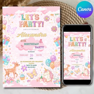 Peut inclure: Une invitation rose pour une fête d'anniversaire avec le texte "LET'S PARTY!" et "Alexandra 6th Birthday Party". Le design comprend des illustrations d'une licorne, d'un cerf, de papillons et de ballons. La date et l'heure sont également incluses.