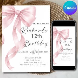 Pink Bow Birthday Invitation, Coquette Birthday Party Invite, Elegant Birthday Template, Girl’s Birthday Evite, Canva Editable Template