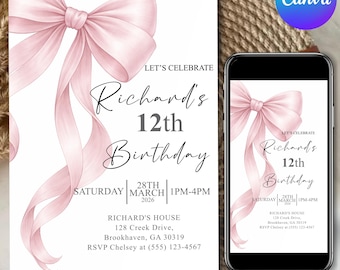 ピンクのリボンの誕生日招待状、コケットな誕生日パーティー招待状、エレガントな誕生日テンプレート、女の子の誕生日招待状、Canva編集可能テンプレート