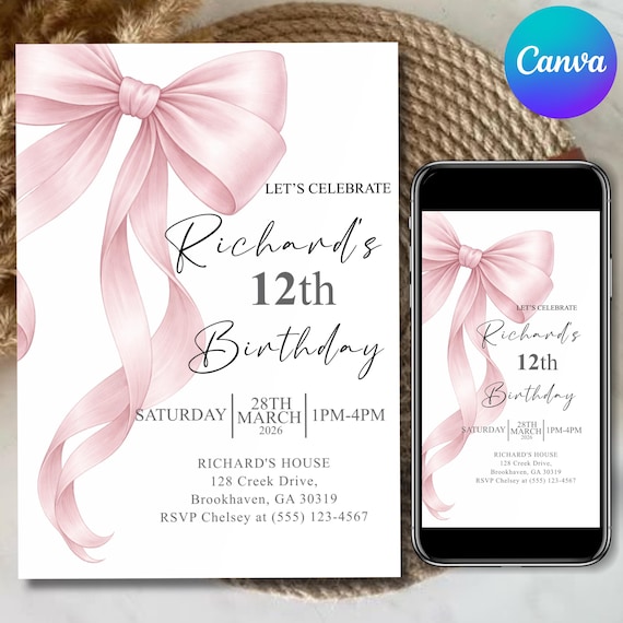 Pink Bow Birthday Invitation, Coquette Birthday Party Invite, Elegant Birthday Template, Girl’s Birthday Evite, Canva Editable Template