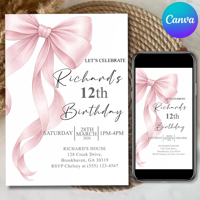 Pink Bow Birthday Invitation, Coquette Birthday Party Invite, Elegant Birthday Template, Girl’s Birthday Evite, Canva Editable Template
