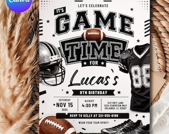 Football Birthday Invitation, Game Time Birthday Party Invite, Boys 9th Birthday, Black White Football Theme, Editable Canva Template