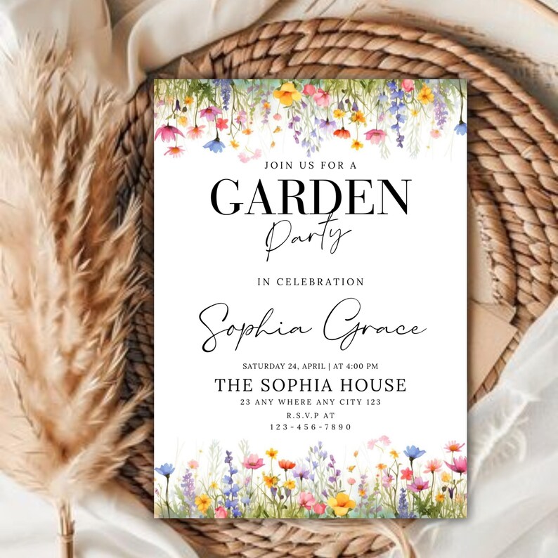 Wildflower Garden Birthday Invitation , Editable Floral Canva Template, Digital Download canva editable