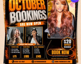 October Booking Flyer, Halloween Booking Flyer Template, Hair Lash Nail Salon Appointment Canva Template, Halloween Flyer, Canva Editable