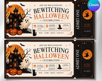 Bewitching Halloween Ticket Template, Spooky Party Invitation, Haunted House Entry Ticket, Editable Canva Template, Instant Download