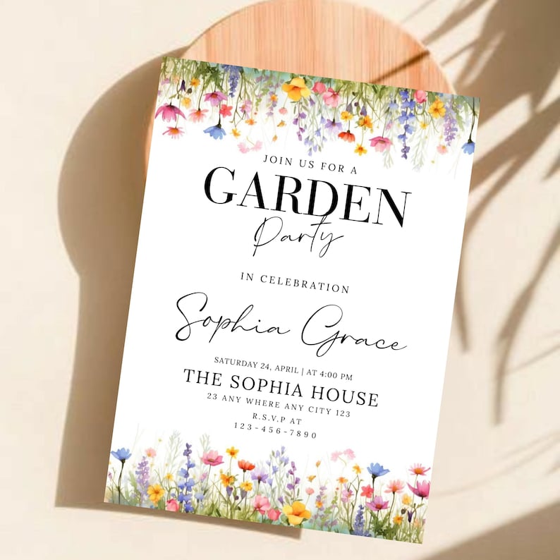 Wildflower Garden Birthday Invitation , Editable Floral Canva Template, Digital Download canva editable