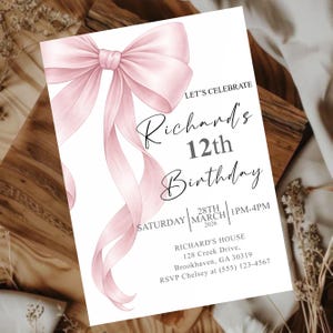 Pink Bow Birthday Invitation, Coquette Birthday Party Invite, Elegant Birthday Template, Girl’s Birthday Evite, Canva Editable Template