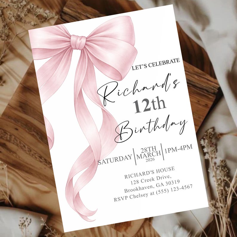 Pink Bow Birthday Invitation, Coquette Birthday Party Invite, Elegant Birthday Template, Girl’s Birthday Evite, Canva Editable Template