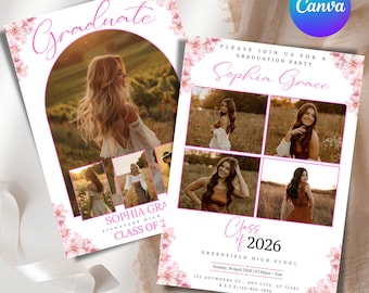 Modello di annuncio di laurea floreale, Classe 2026, Biglietto fotografico per studentessa dell'ultimo anno, Invito di laurea con cornice smerlata e fiori selvatici modificabile, Fai da te su Canva