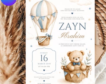 May include: A rectangular invitation card featuring a watercolour hot air balloon and a teddy bear in a basket. Text includes: Praise be to Allah for this beautiful blessing, Zayn Ibrahim, Sunday 16 March 2030 at 04:00 PM, and Yusuf & Mariyam.