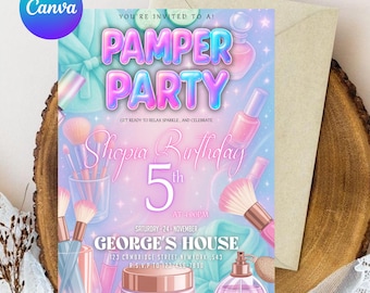 Pamper Birthday Invitation, Neon Glow Pamper Spa Invitation, Pamper Spa Invitation, Glitz Glam Makeup Glow Party, Canva Editable Template