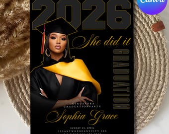 Invito di laurea, Foto della classe del 2026, Invito alla festa di laurea, Annuncio di laurea moderno nero e oro, Modello modificabile su Canva