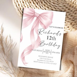 Pink Bow Birthday Invitation, Coquette Birthday Party Invite, Elegant Birthday Template, Girl’s Birthday Evite, Canva Editable Template