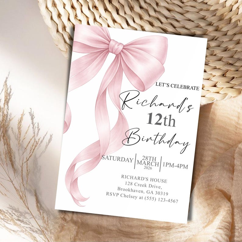 Pink Bow Birthday Invitation, Coquette Birthday Party Invite, Elegant Birthday Template, Girl’s Birthday Evite, Canva Editable Template