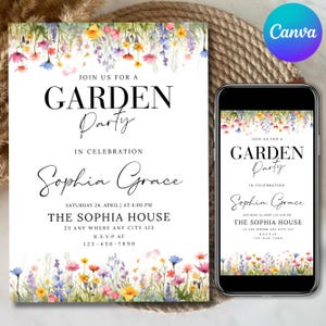 Wildflower Garden Birthday Invitation , Editable Floral Canva Template, Digital Download canva editable
