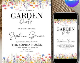 Invito di compleanno a tema giardino di fiori selvatici, modello Canva floreale modificabile, download digitale Canva modificabile