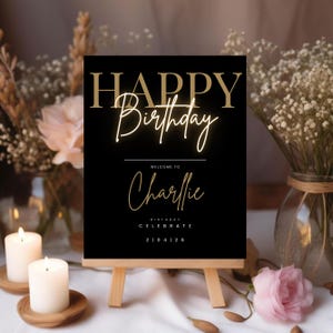 Happy Birthday Welcome Sign, Editable Template, Instant Download, Edit FREE in Canva, Modern Black Gold Birthday, Canva Editable Template