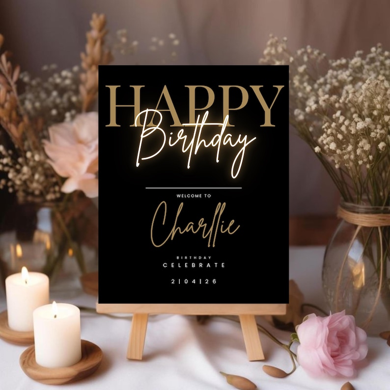 Happy Birthday Welcome Sign, Editable Template, Instant Download, Edit FREE in Canva, Modern Black Gold Birthday, Canva Editable Template