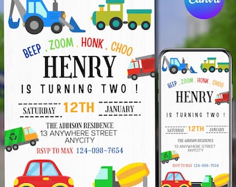 Transport Thema Zweiter Geburtstag Einladung, Auto-Geburtstag Kleinkind Junge, Download Honk Beep Zoom Choo Fahrzeuge Thema Geburtstag Junge, DIY