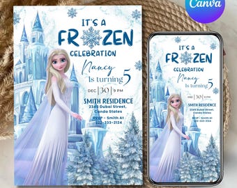 Frozen Invitation, Elsa Birthday Invitation, Winter Snow Birthday Printable, Frozen Anna Olaf Invite Digital Editable Instant Canva Template