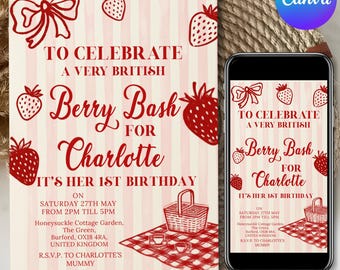 Invito per il primo compleanno a tema fragole, modello stampabile, invito fai da te disegnato a mano per la festa di compleanno di una bambina, modello modificabile su Canva