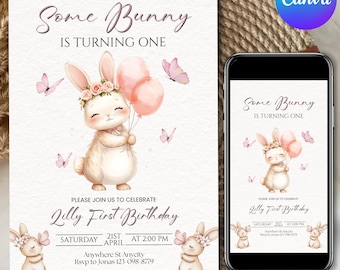 Invito per il primo compleanno a tema coniglietto, margherite e farfalle, inviti di compleanno, download digitale, modello modificabile su Canva