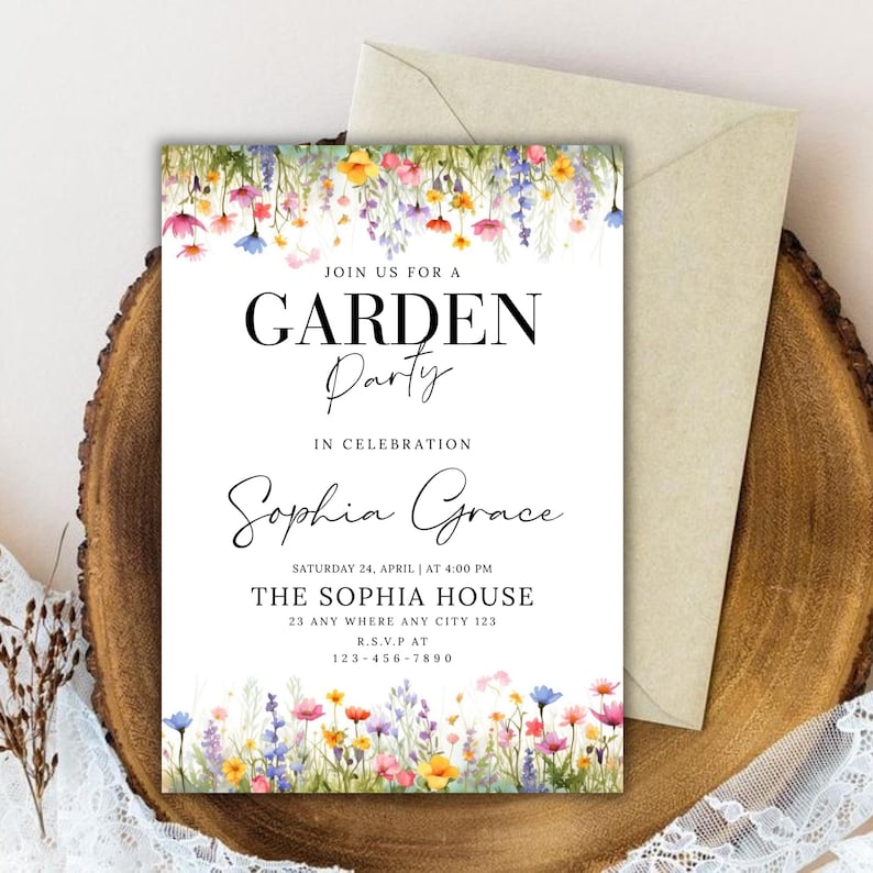 Wildflower Garden Birthday Invitation , Editable Floral Canva Template, Digital Download canva editable