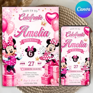 Puede incluir: Una invitación de cumpleaños rosa con Minnie Mouse, globos y regalos. El texto incluye: Join us to Celebrate Amelia is turning 6, June 27 Sat, 02:00 PM - 05:00 PM, 123 Street Name, Area Name, City Name, CA 01234, Rsvp to Mom at (123)-456-7890.