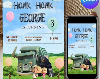 Invito per la festa di compleanno a tema camion della spazzatura, invito di compleanno, modello Canva modificabile, download digitale, invito stampabile, download immediato