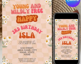 Invito di compleanno per bambini piccoli, festa di compleanno boho chic per bambini di 3 anni, celebrazione floreale pastello, modello Canva modificabile, download immediato