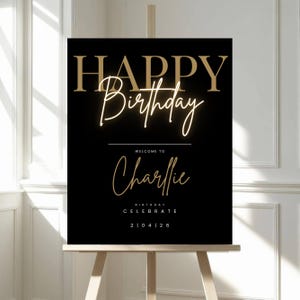 Happy Birthday Welcome Sign, Editable Template, Instant Download, Edit FREE in Canva, Modern Black Gold Birthday, Canva Editable Template