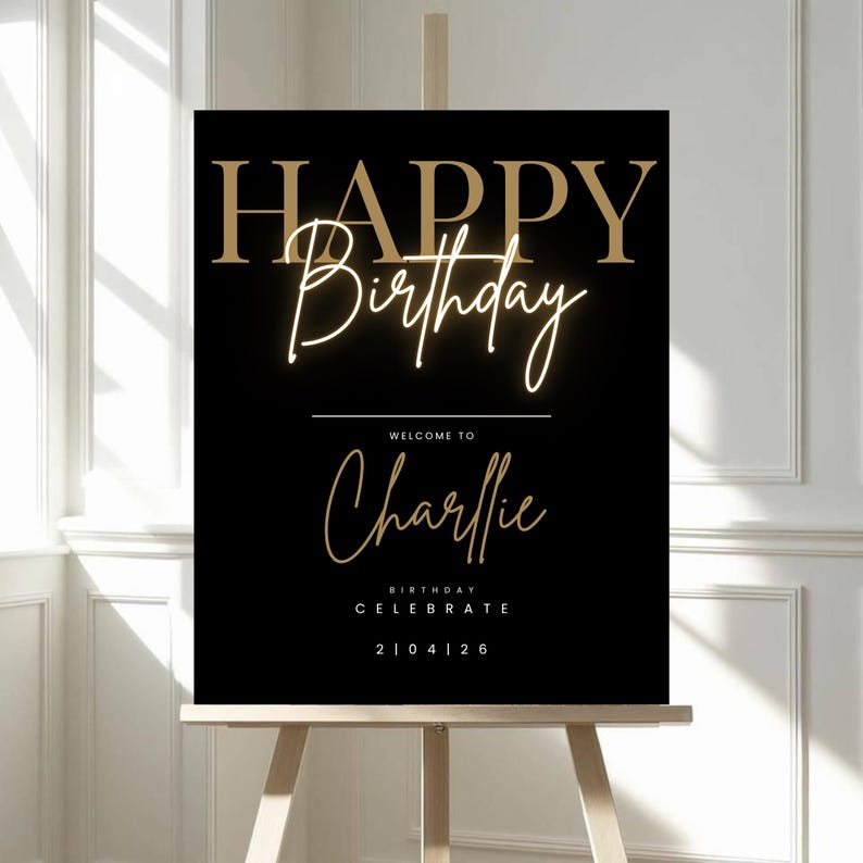 Happy Birthday Welcome Sign, Editable Template, Instant Download, Edit FREE in Canva, Modern Black Gold Birthday, Canva Editable Template