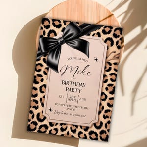 Cheetah Print Birthday Invitation, Coquette Bow Birthday, Birthday Invitations, Digital Download, Printable Invite, Canva Editable Template
