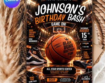 Basketball birthday Invitation, birthday invitation, Boys Girls Basketball Invite, sport birthday invite, Basketball Invite, Canva Editable