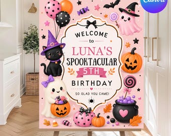 Halloween Welcome Sign, Scull Pumpkin Party Printable Party Decor, Gothic Horror Welcome Poster, Self Editable Canva Template